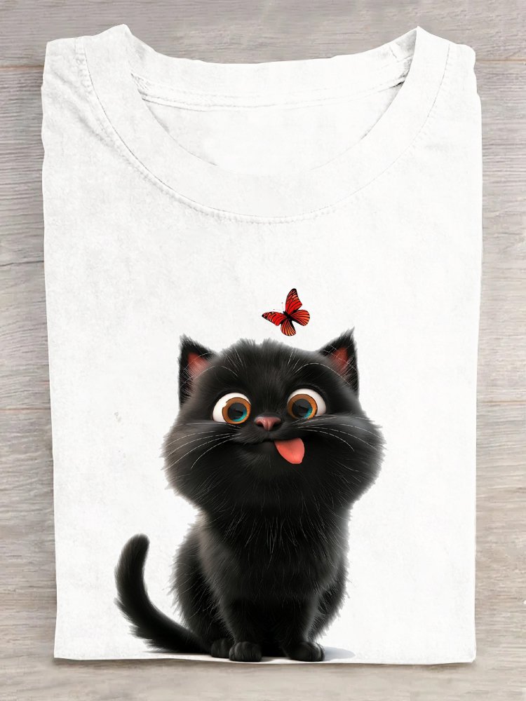 Casual Cat Crew Neck Short Sleeve T-shirt