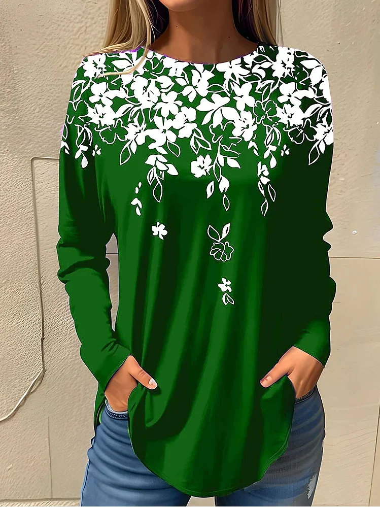 Casual Floral Crew Neck Long Sleeve T-shirt