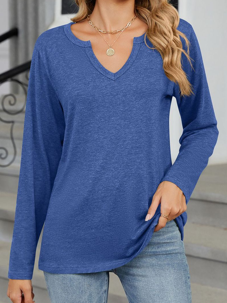 Casual Plain V Neck Long Sleeve T-shirt