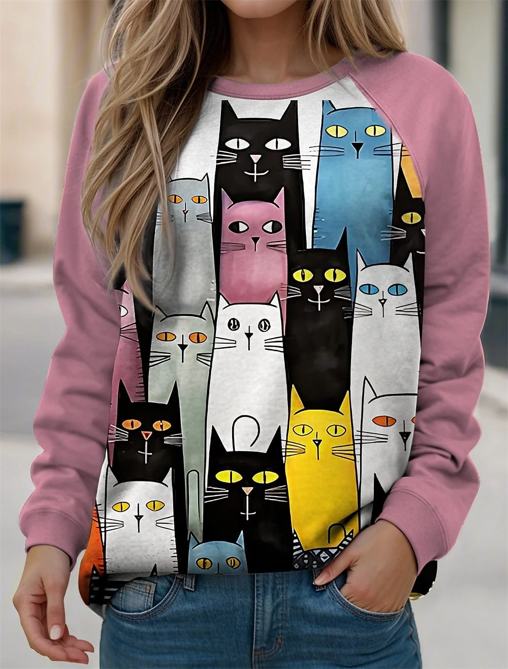 Casual Crew Neck Cat Sweatshirt