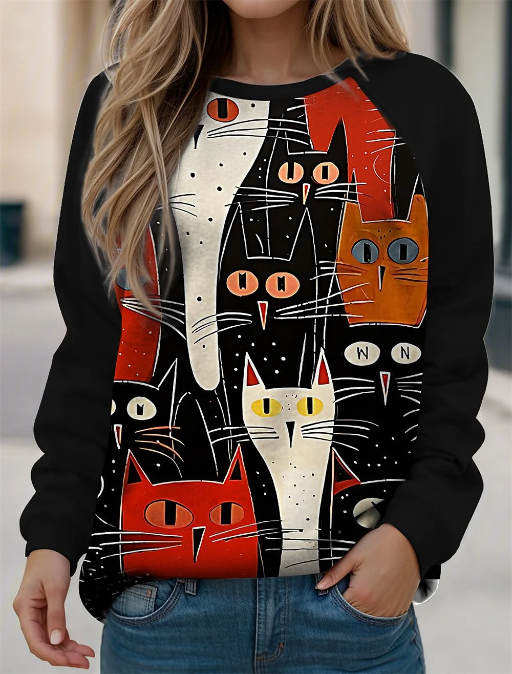 Casual Crew Neck Cat Sweatshirt