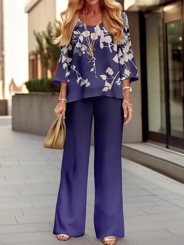 Women Floral One Shoulder Long Sleeve Comfy Casual Top With Pants Two-Piece Set