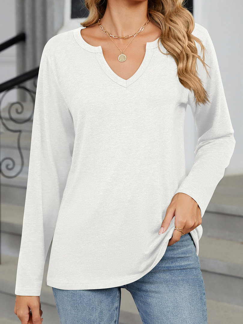 Casual Plain V Neck Long Sleeve T-shirt