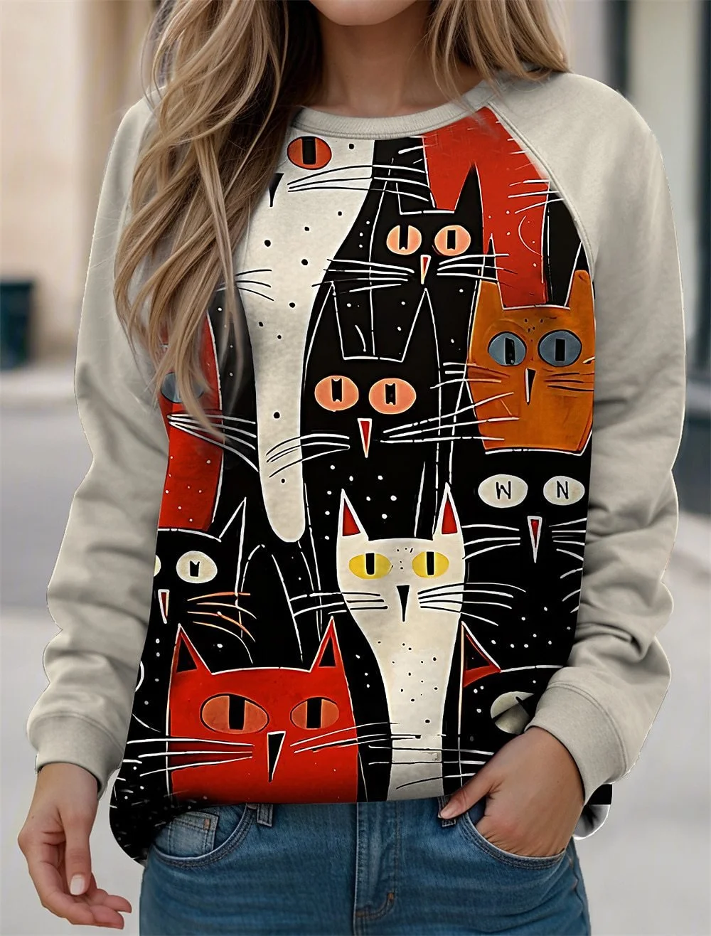 Casual Crew Neck Cat Sweatshirt