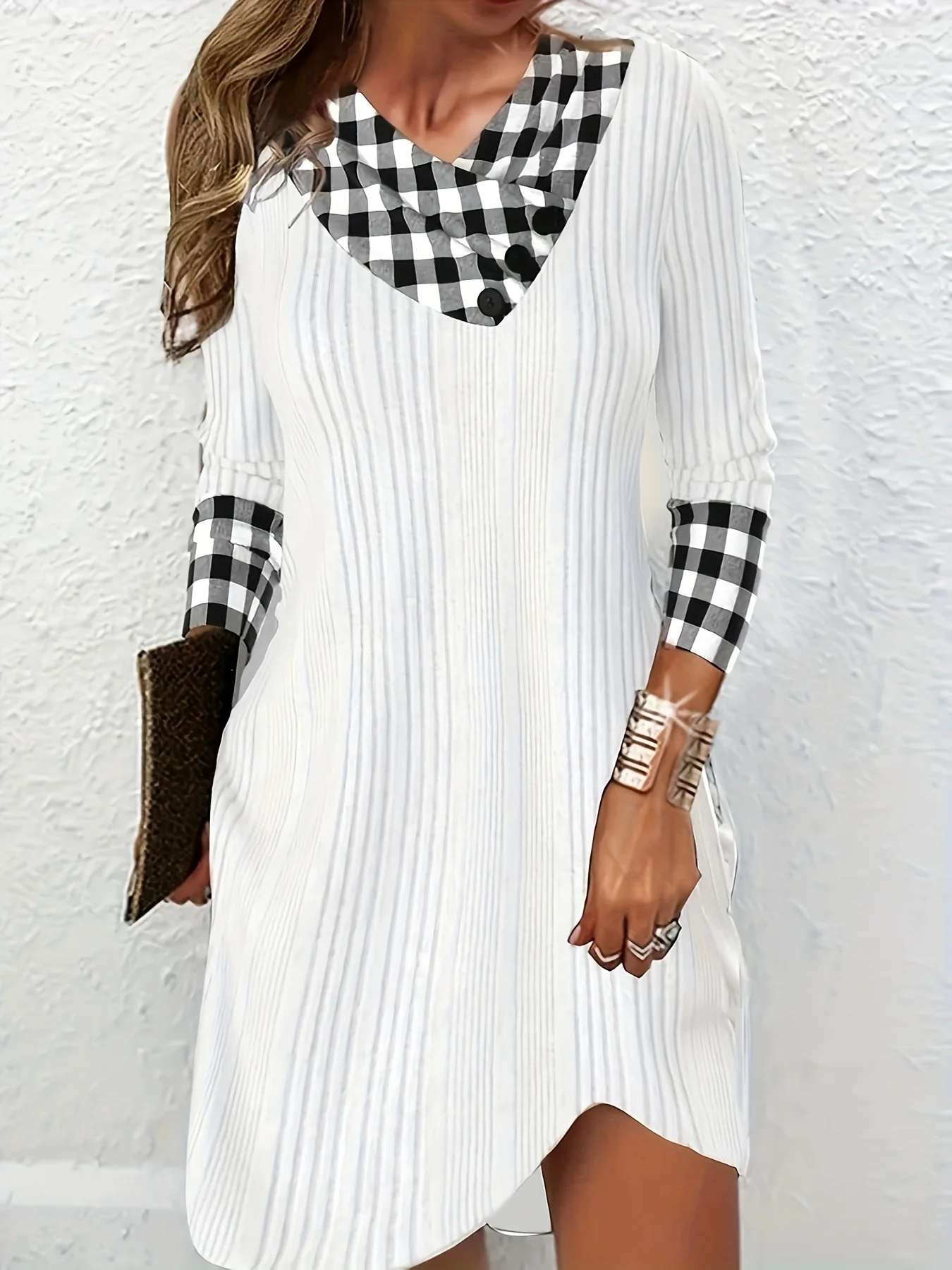 Women Plaid Asymmetrical Long Sleeve Comfy Casual Buckle Maxi Dress