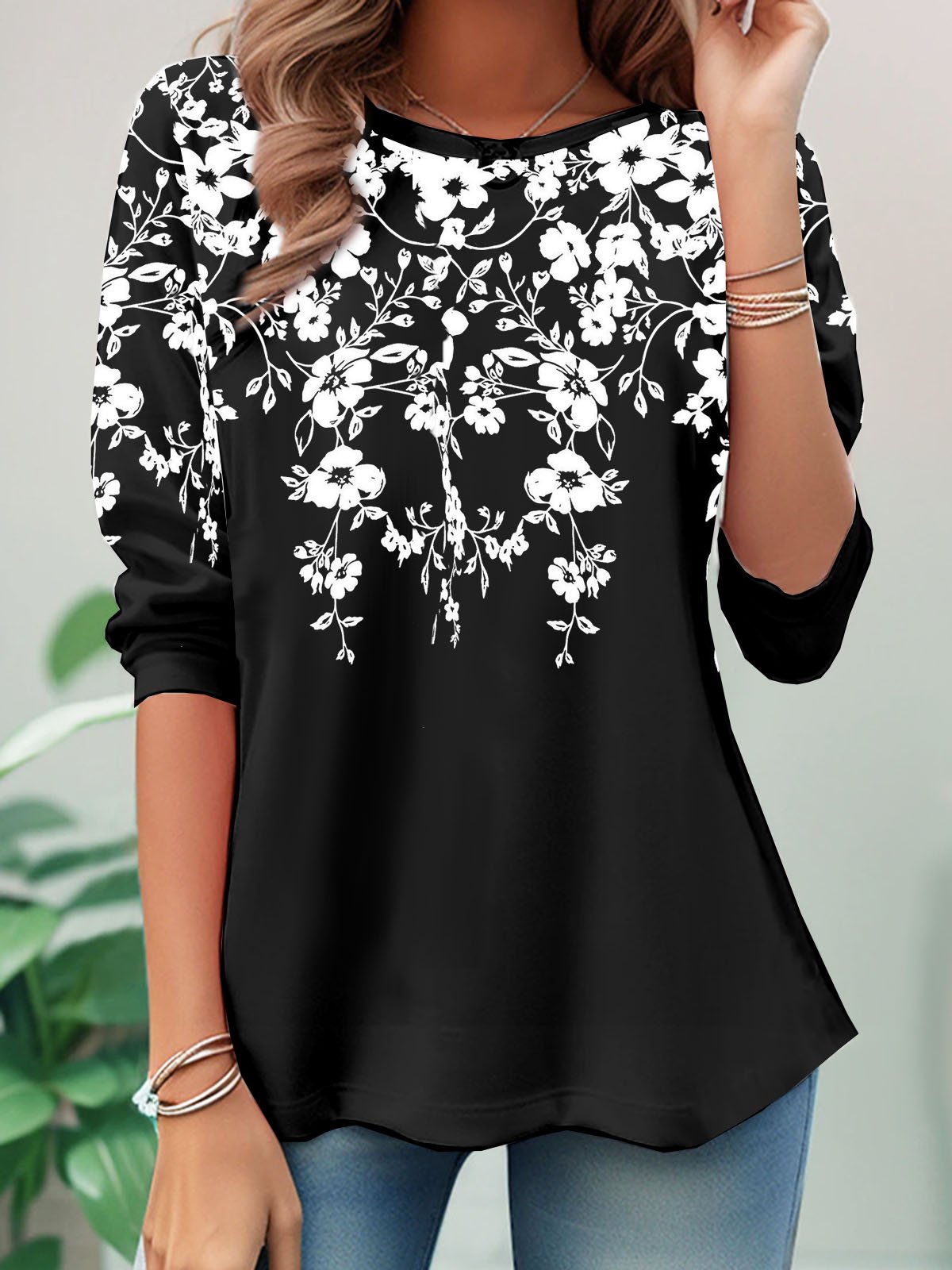 Casual Floral Crew Neck Long Sleeve T-shirt