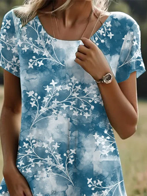 Women Floral Crew Neck Short Sleeve Comfy Casual Midi Dress