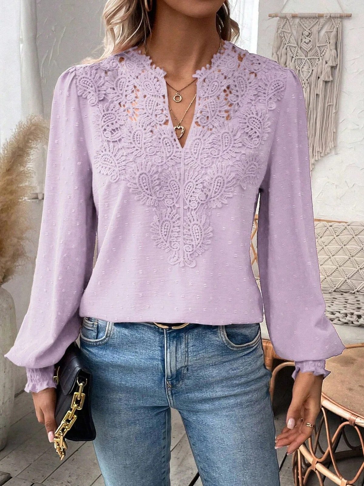 V Neck Long Sleeve Plain Lace Regular Regular Fit Blouse For Women