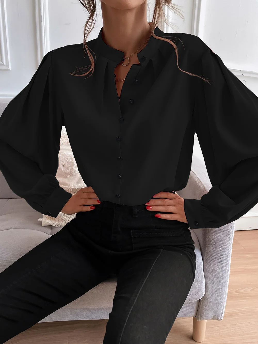 V Neck Long Sleeve Plain Lace Regular Regular Fit Blouse For Women