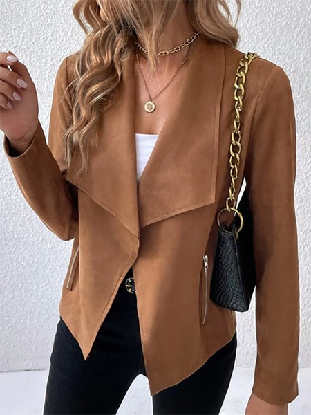 Women's Plain Faux Suede Jacket Zipper Open Front Cropped Coat