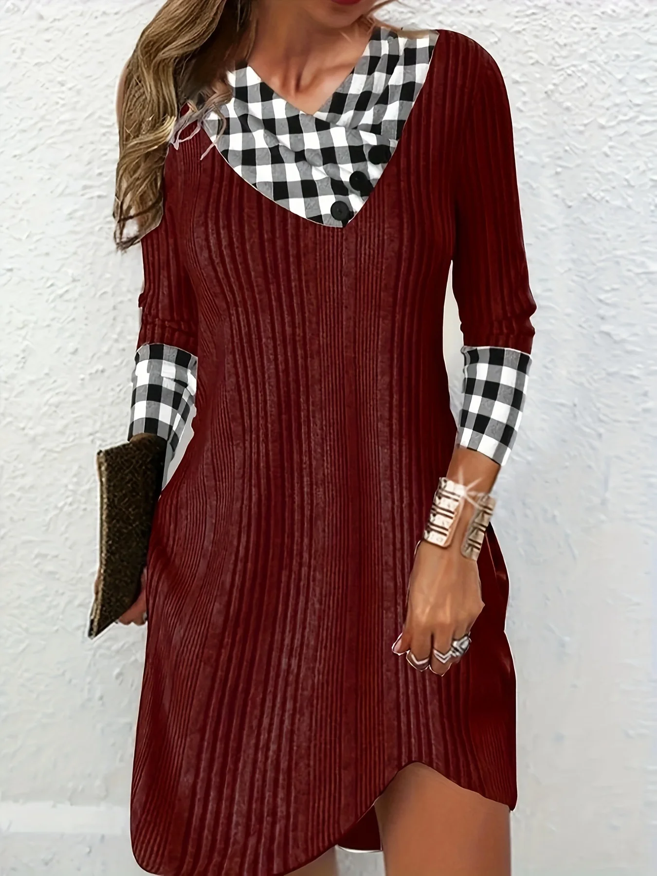 Women Plaid Asymmetrical Long Sleeve Comfy Casual Buckle Maxi Dress