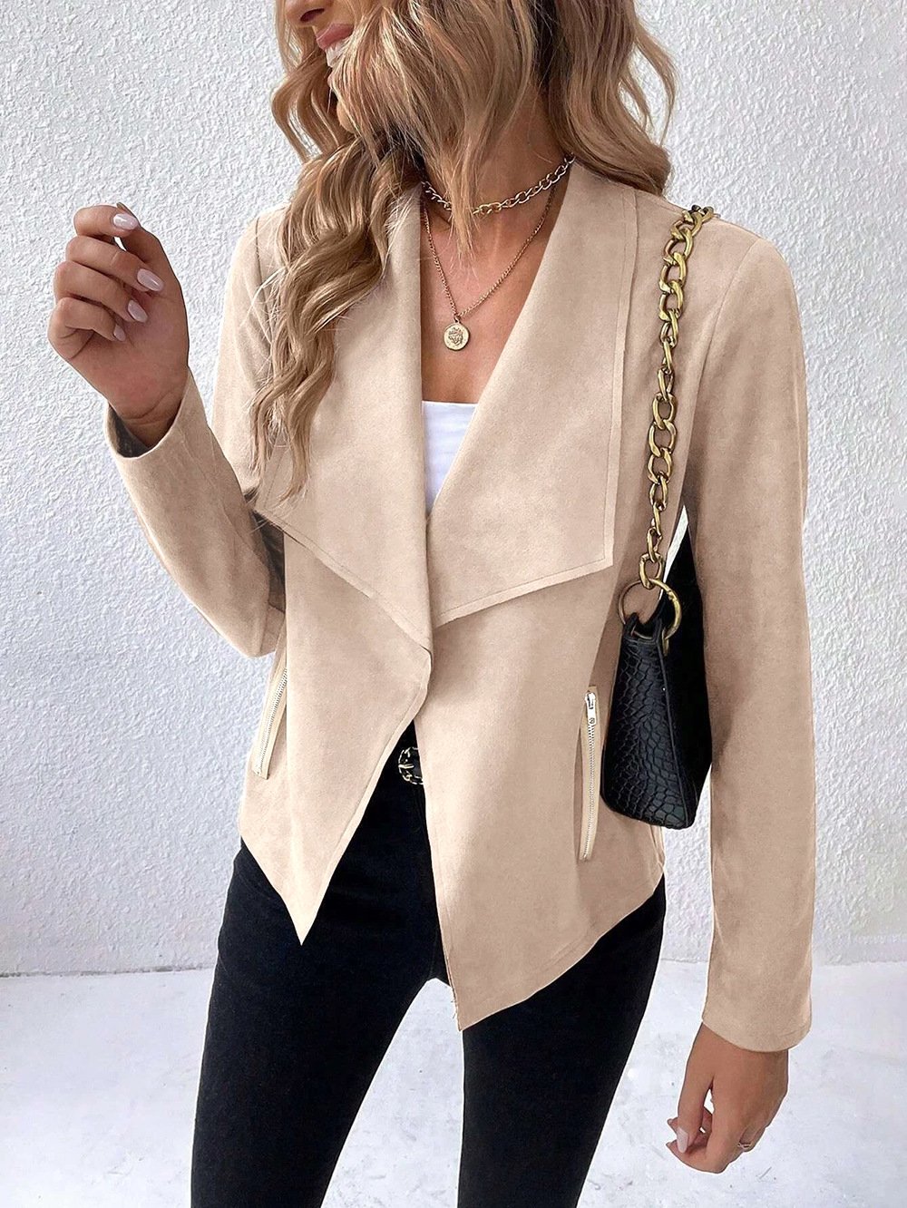 Women's Plain Faux Suede Jacket Zipper Open Front Cropped Coat