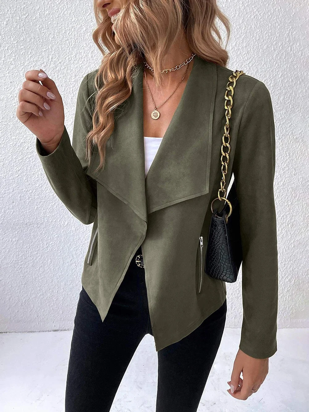 Women's Plain Faux Suede Jacket Zipper Open Front Cropped Coat