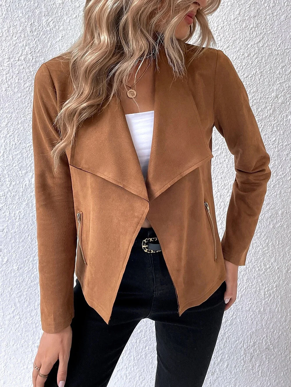 Women's Plain Faux Suede Jacket Zipper Open Front Cropped Coat