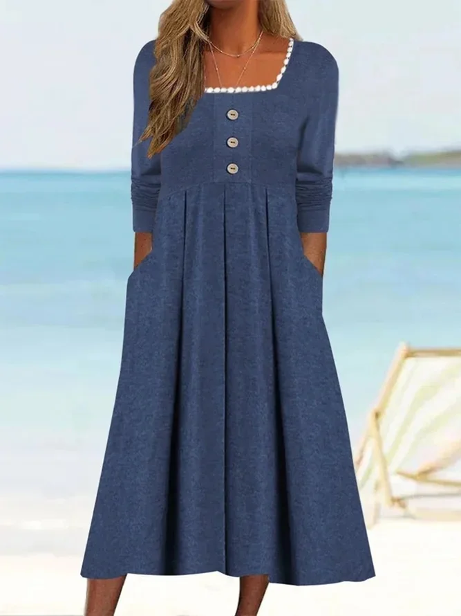 Women Plain Square Neck Long Sleeve Comfy Casual Buckle Maxi Dress