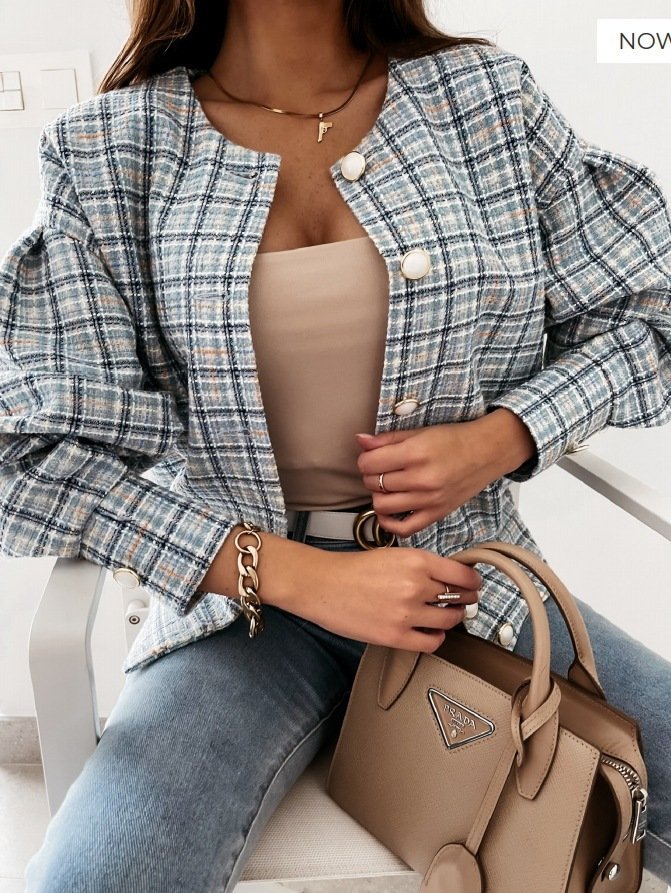 Women's Plaid Zipper Regular Loose Jacket