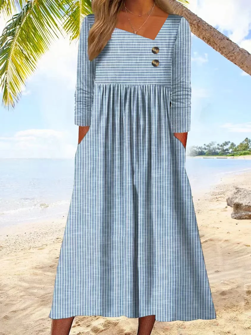 Women Striped Asymmetrical Long Sleeve Comfy Casual Buckle Maxi Dress