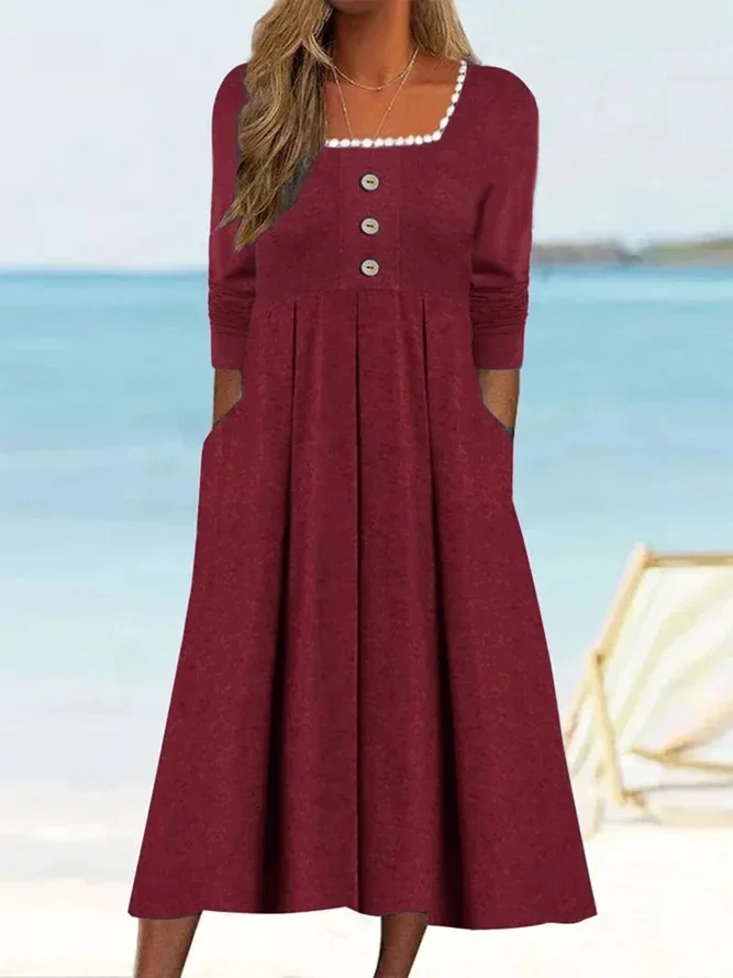 Women Plain Square Neck Long Sleeve Comfy Casual Buckle Maxi Dress