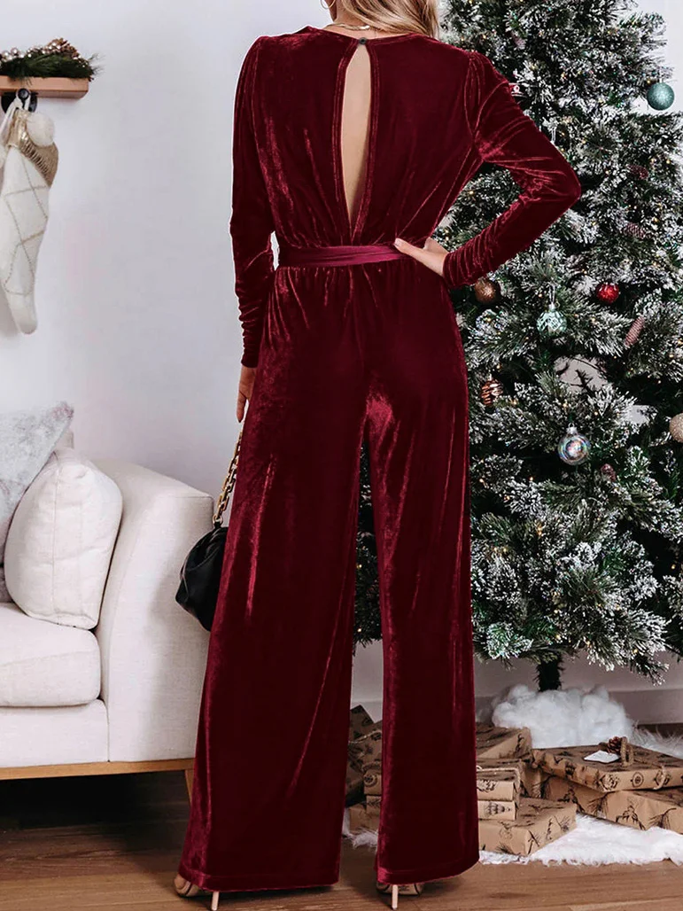 Women Long Sleeve V Neck Regular Fit Ankle Pants Daily Casual Plain Natural Jumpsuit