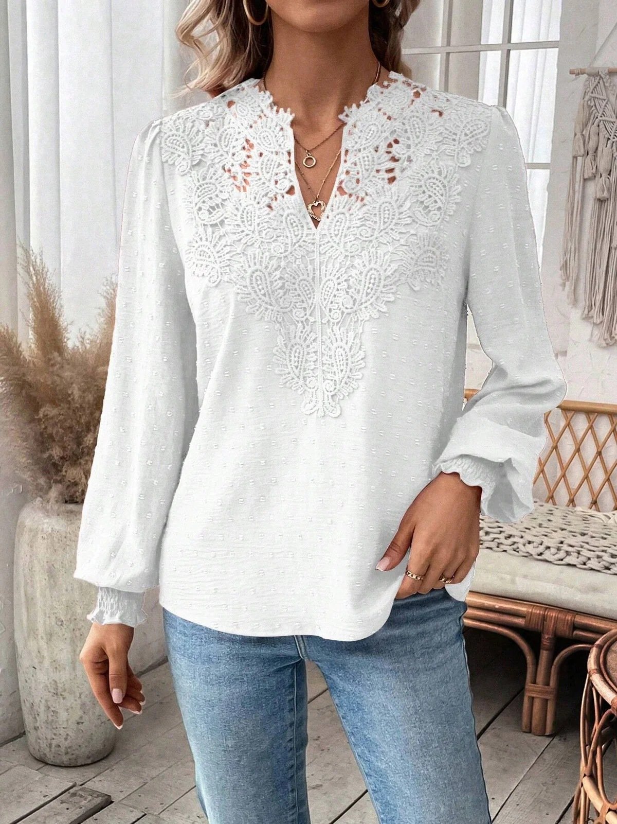 V Neck Long Sleeve Plain Lace Regular Regular Fit Blouse For Women