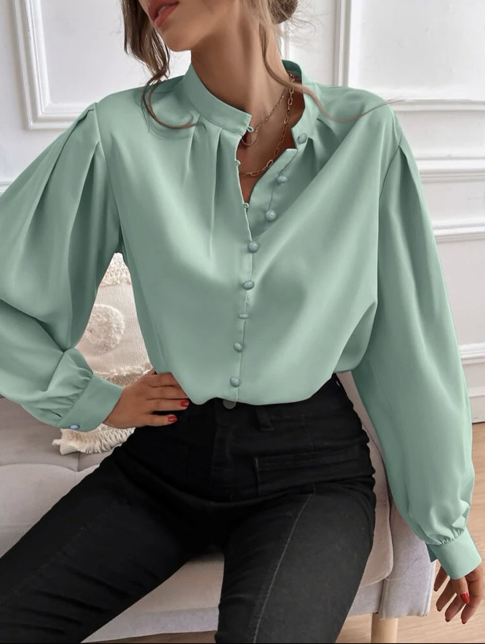 V Neck Long Sleeve Plain Lace Regular Regular Fit Blouse For Women