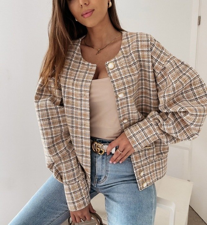 Women's Plaid Zipper Regular Loose Jacket