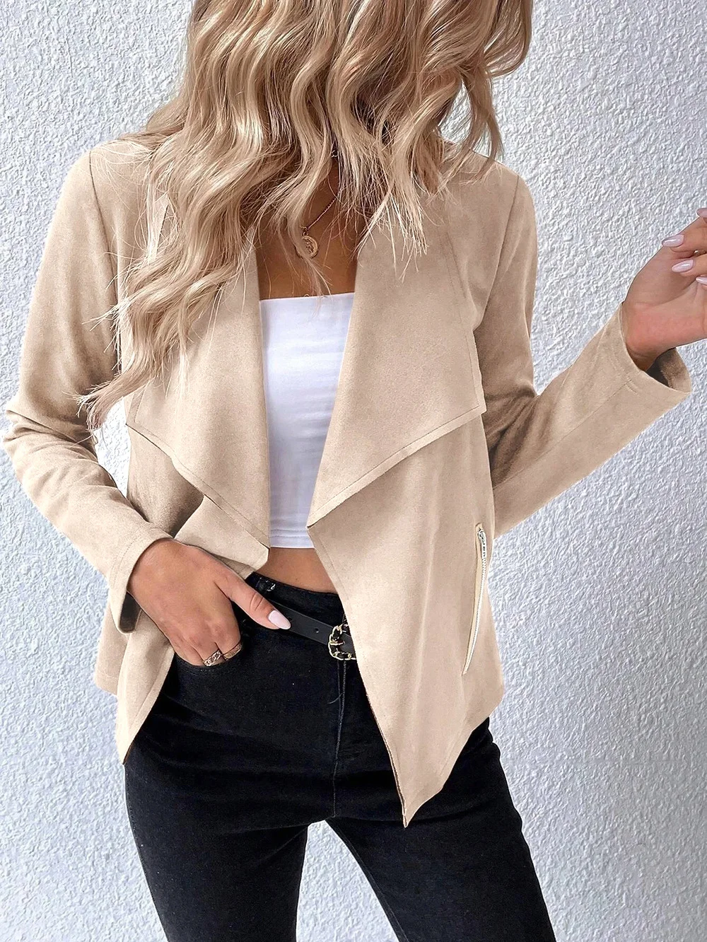 Women's Plain Faux Suede Jacket Zipper Open Front Cropped Coat