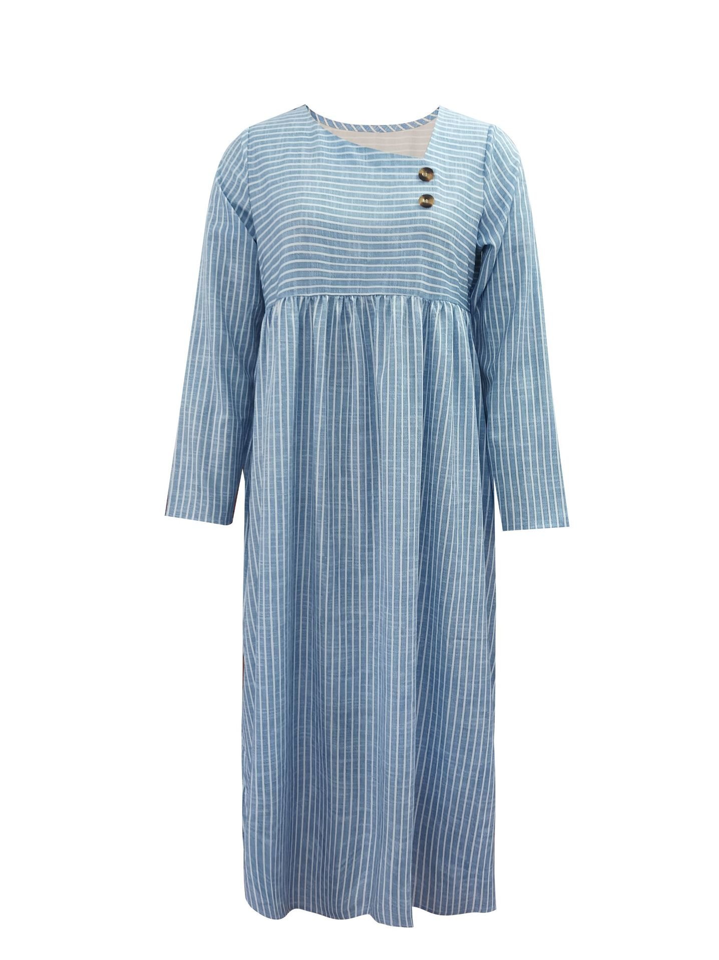 Women Striped Asymmetrical Long Sleeve Comfy Casual Buckle Maxi Dress