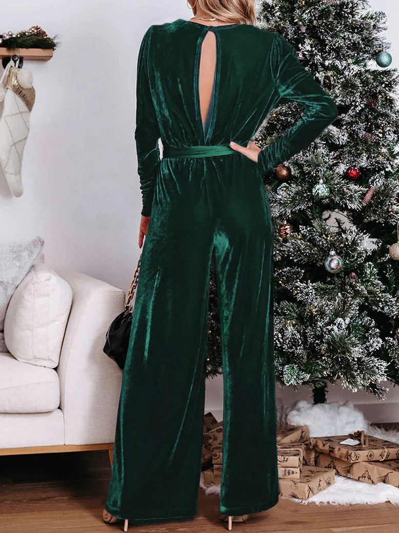 Women Long Sleeve V Neck Regular Fit Ankle Pants Daily Casual Plain Natural Jumpsuit