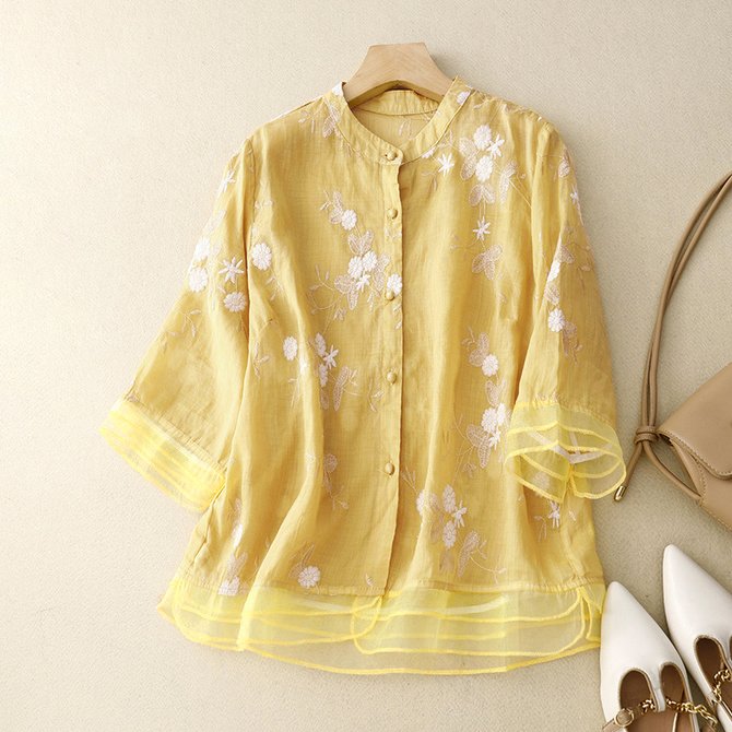 Stand Collar Half Sleeve Embroidery Patterns Regular Loose Shirt For Women