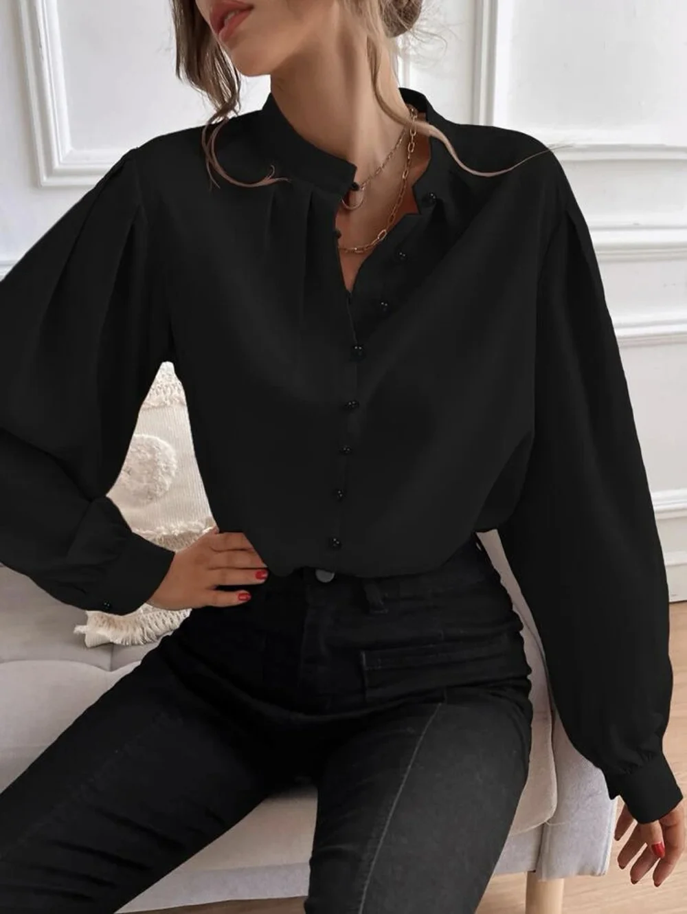 V Neck Long Sleeve Plain Lace Regular Regular Fit Blouse For Women