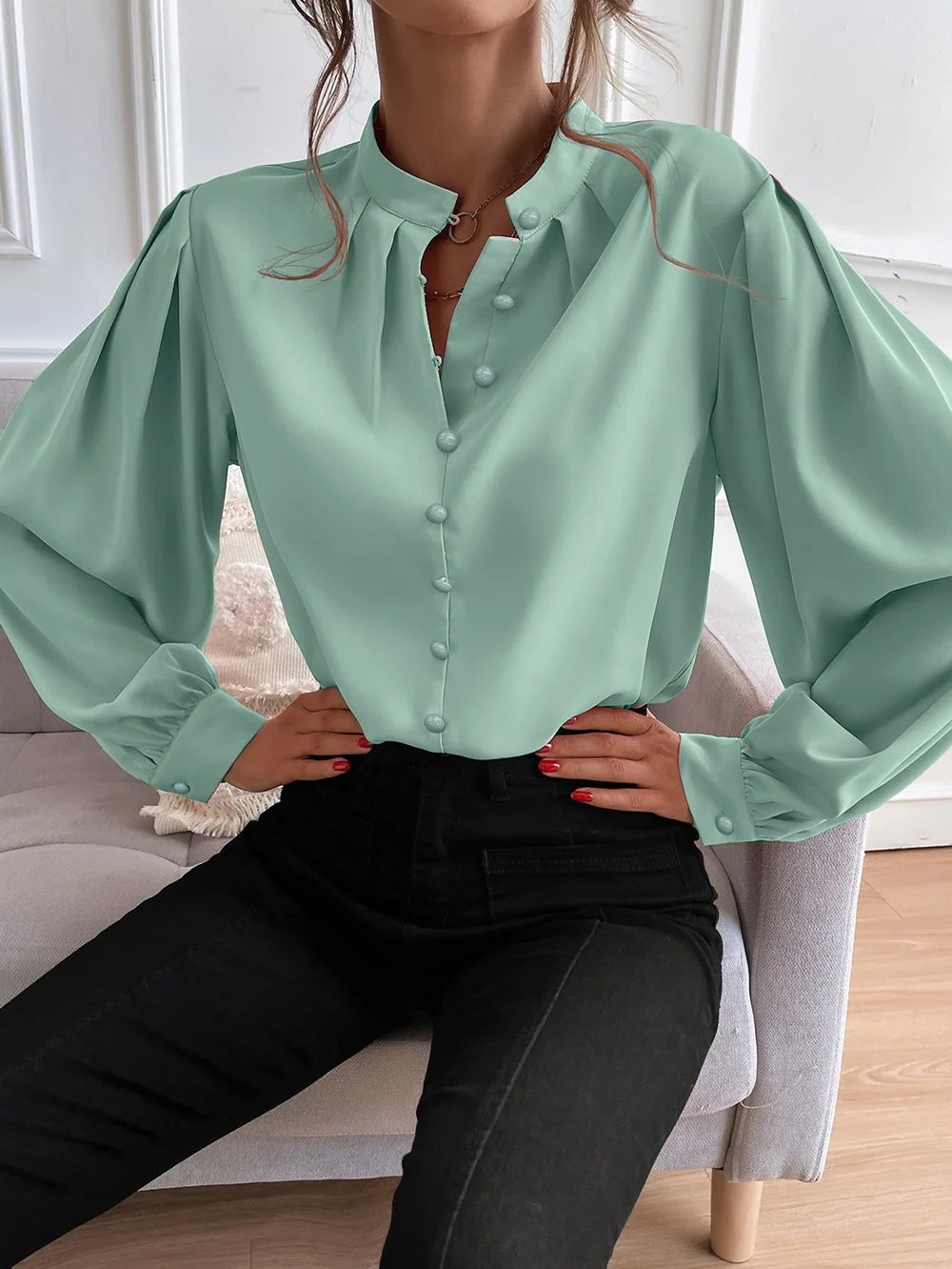 V Neck Long Sleeve Plain Lace Regular Regular Fit Blouse For Women