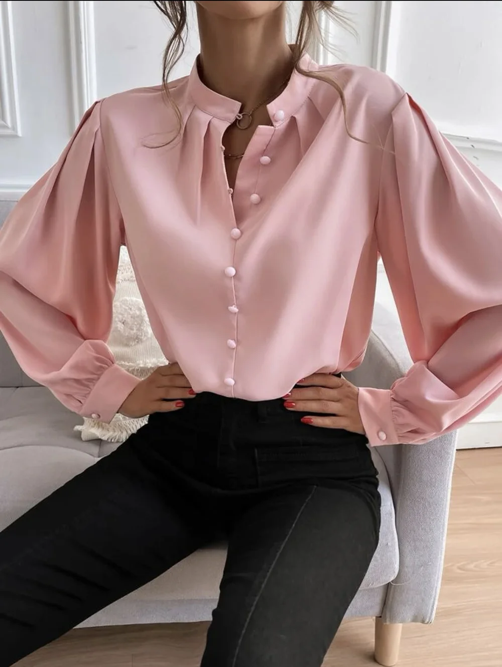 V Neck Long Sleeve Plain Lace Regular Regular Fit Blouse For Women