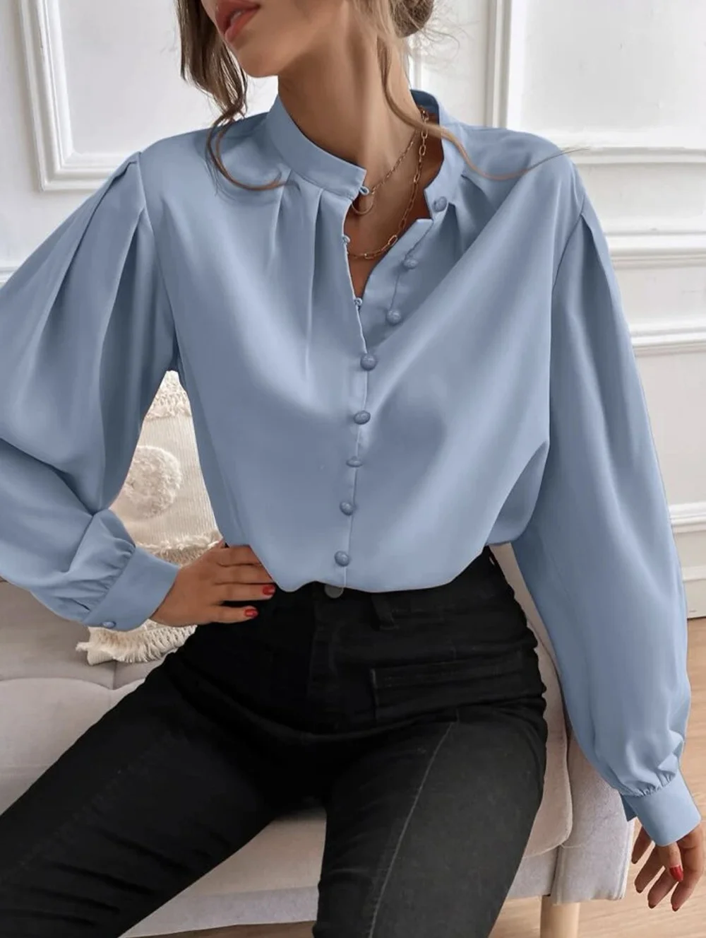 V Neck Long Sleeve Plain Lace Regular Regular Fit Blouse For Women