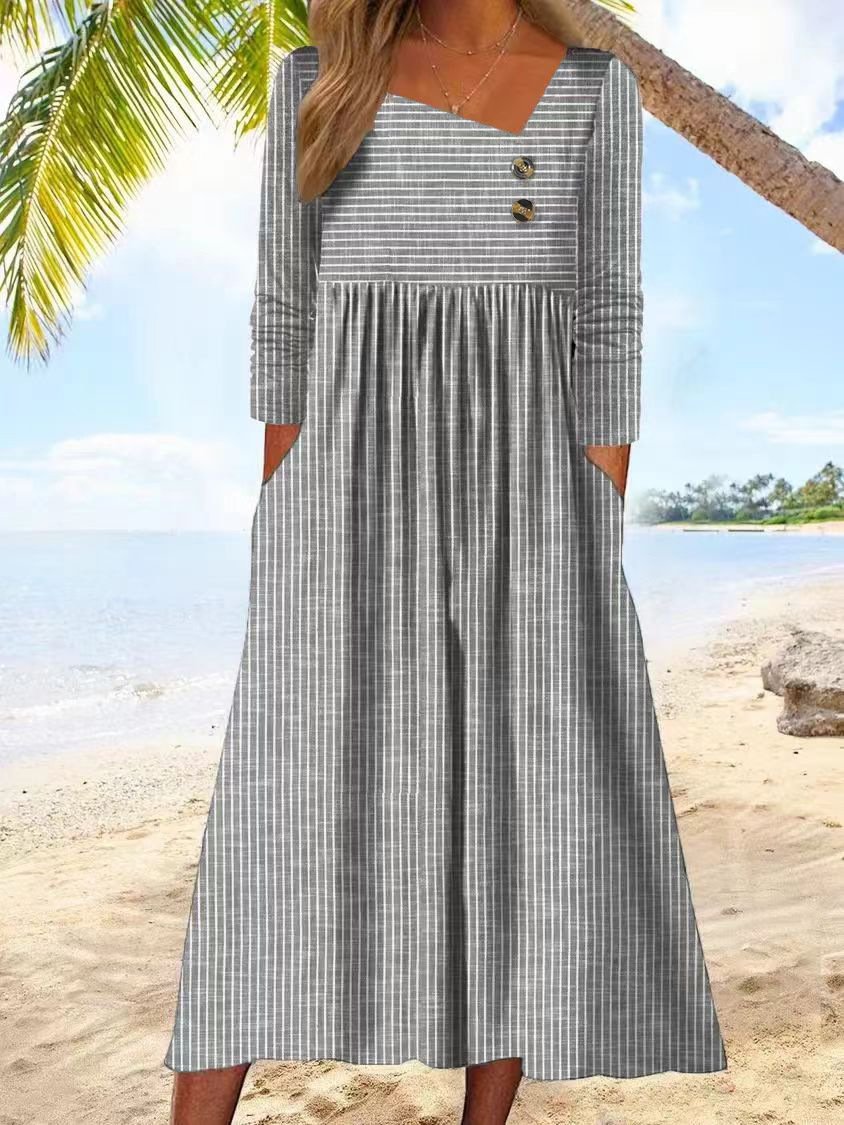 Women Striped Asymmetrical Long Sleeve Comfy Casual Buckle Maxi Dress