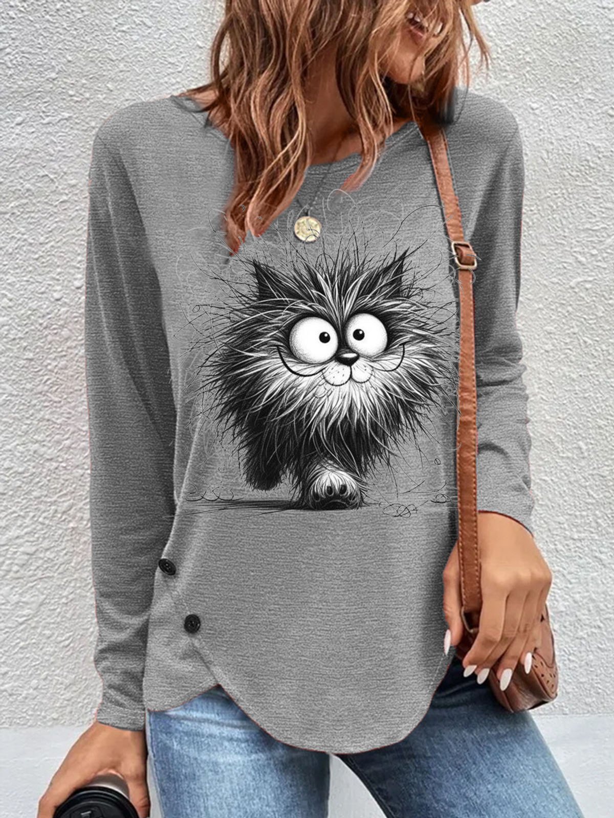 Casual Cat Crew Neck Long Sleeve T-shirt