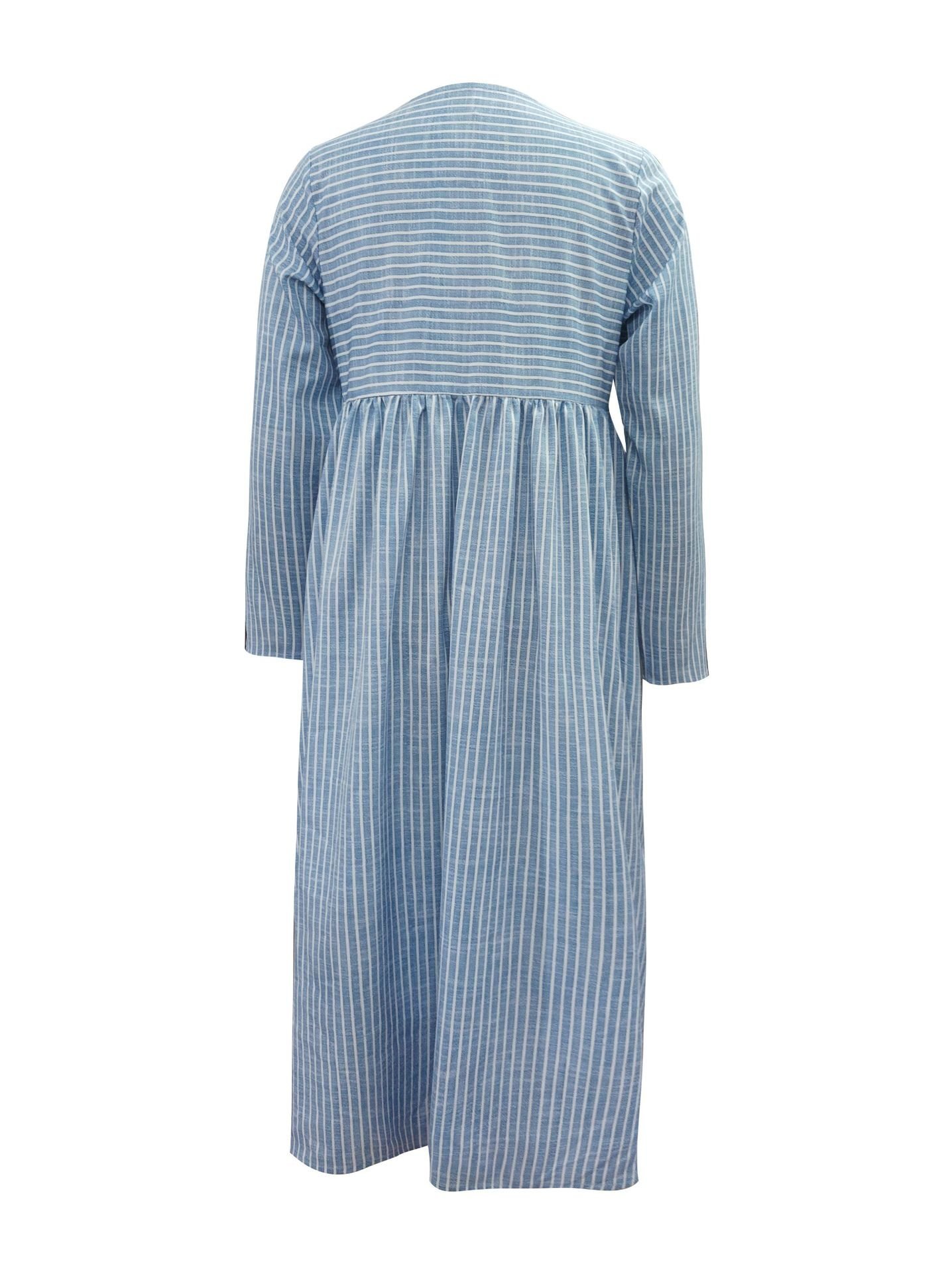 Women Striped Asymmetrical Long Sleeve Comfy Casual Buckle Maxi Dress