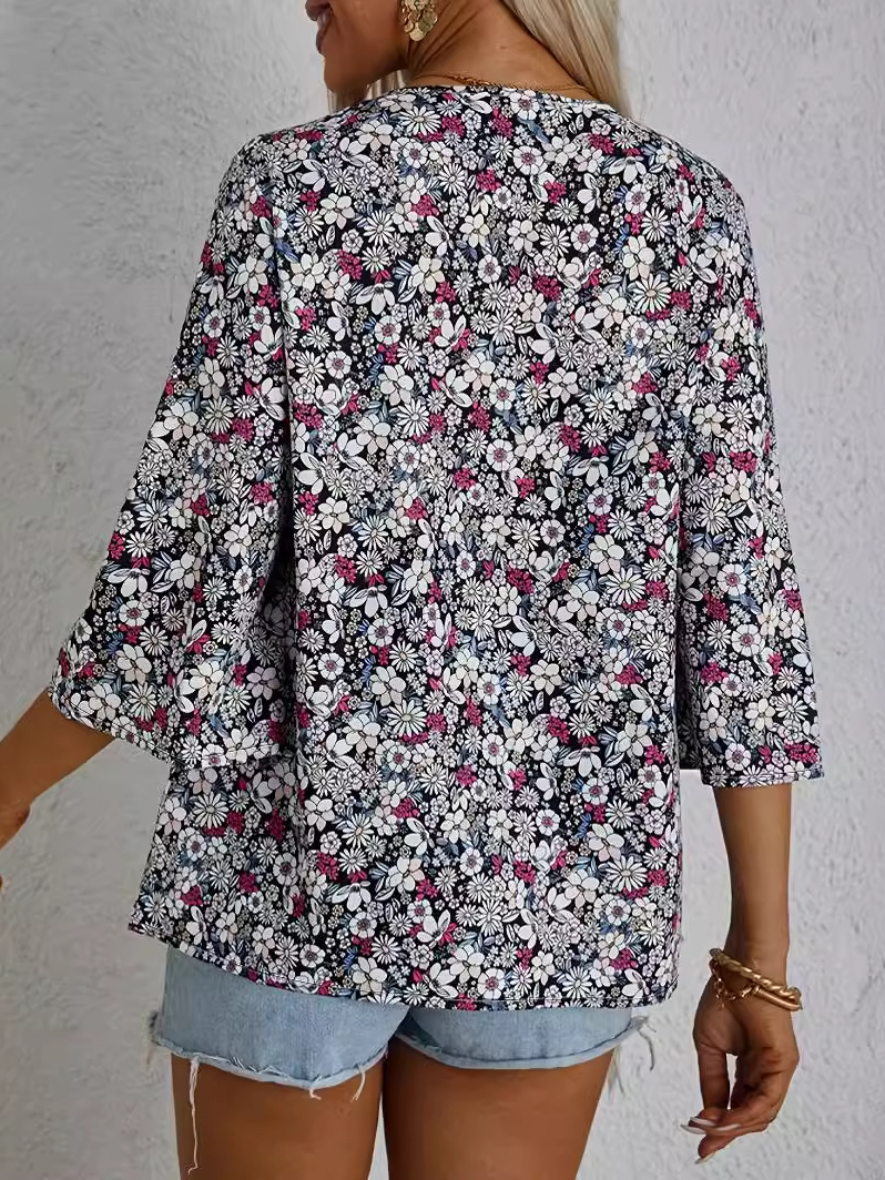 V Neck Long Sleeve Floral Chain Regular Regular Fit Blouse For Women