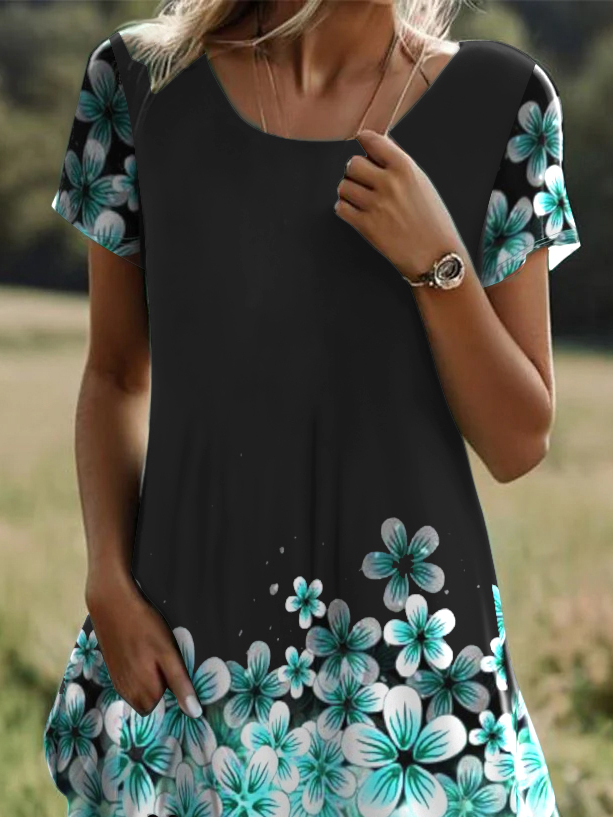 Women Floral Crew Neck Short Sleeve Comfy Casual Midi Dress