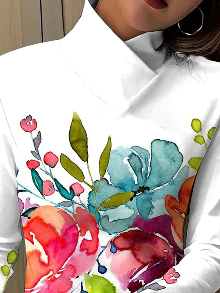 Turtleneck Long Sleeve Floral Regular Medium Elasticity Regular Fit Blouse For Women