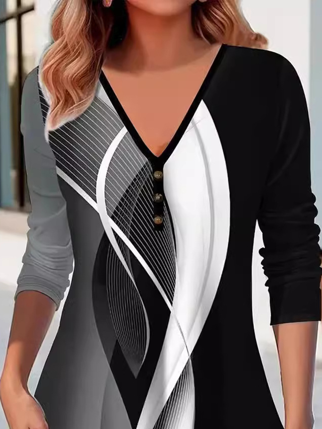 Casual Geometric V Neck Long Sleeve T-shirt