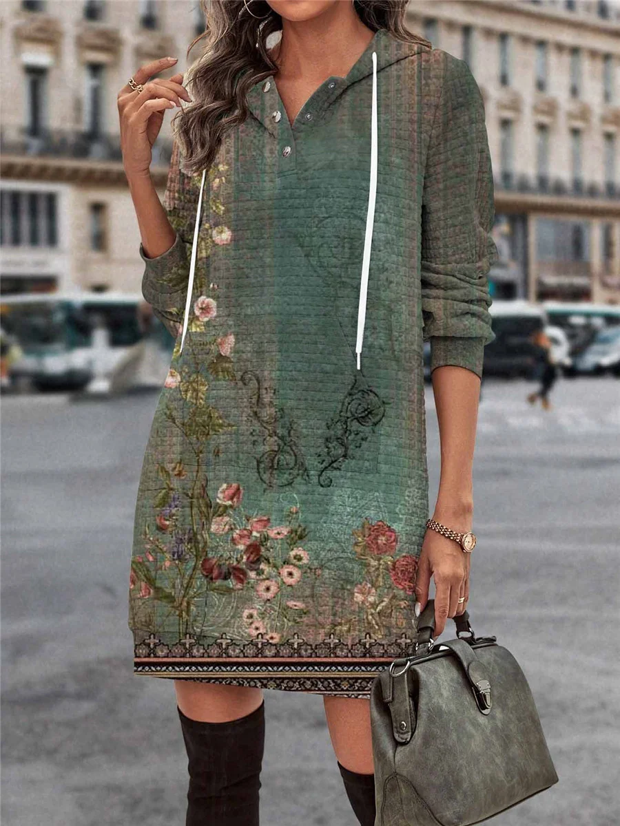 Women Floral Hoodie Long Sleeve Comfy Casual Buckle Maxi Dress