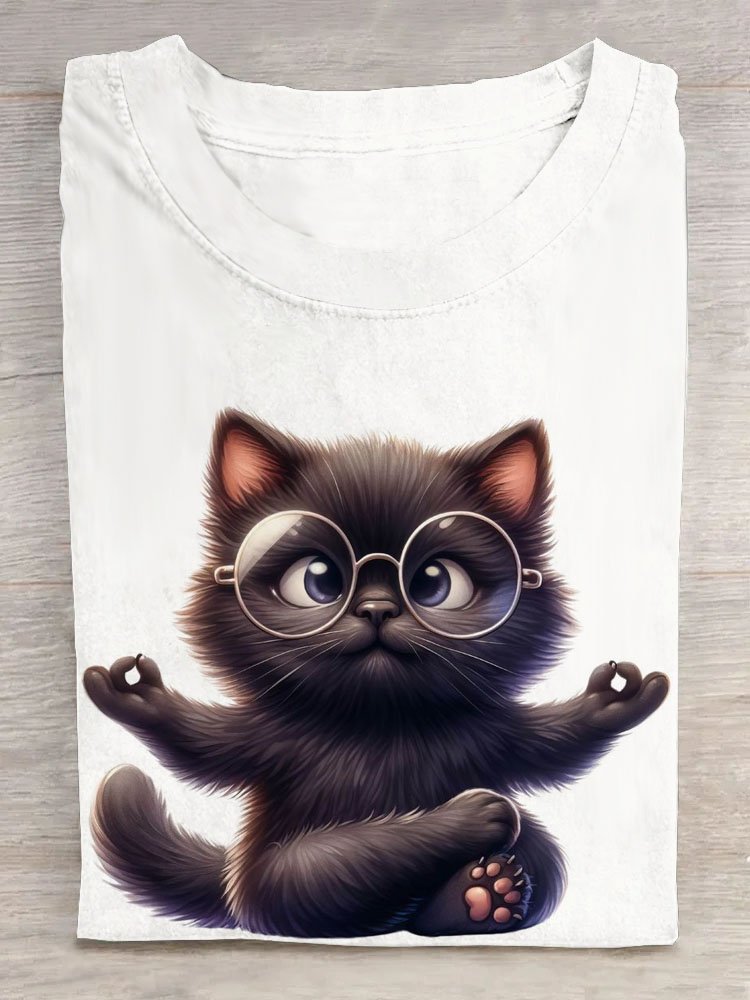 Casual Cat Crew Neck Short Sleeve T-shirt