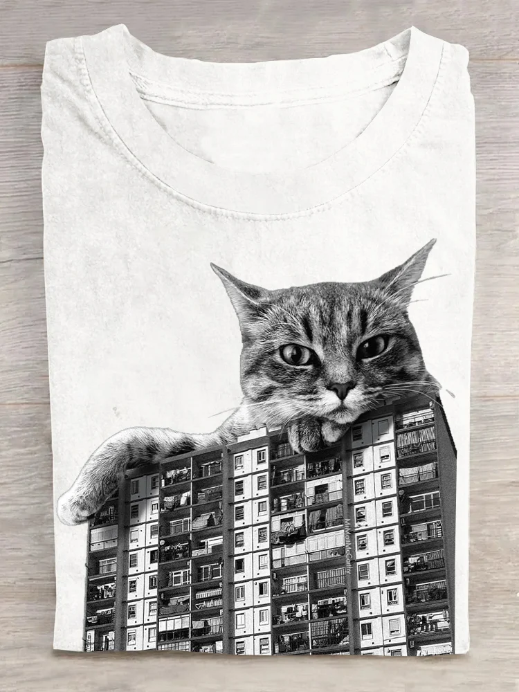 Casual Cat Crew Neck Short Sleeve T-shirt