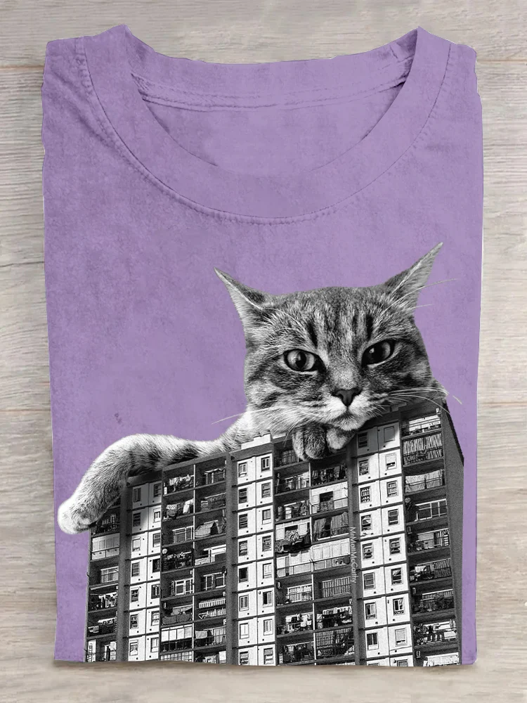 Casual Cat Crew Neck Short Sleeve T-shirt