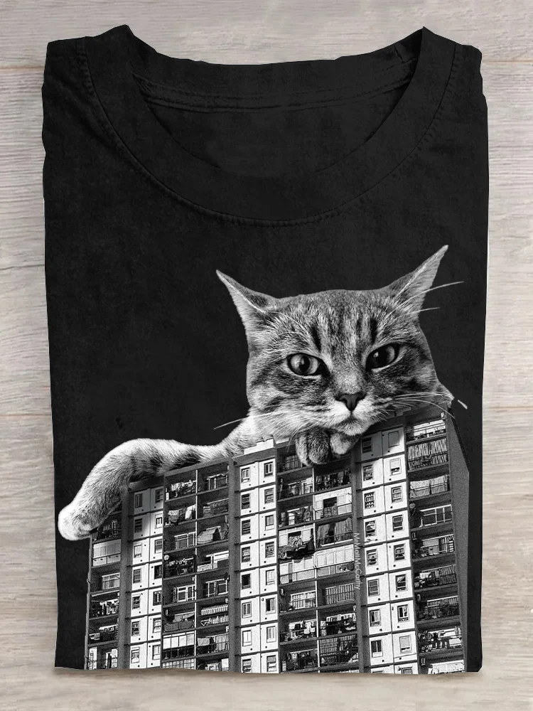 Casual Cat Crew Neck Short Sleeve T-shirt