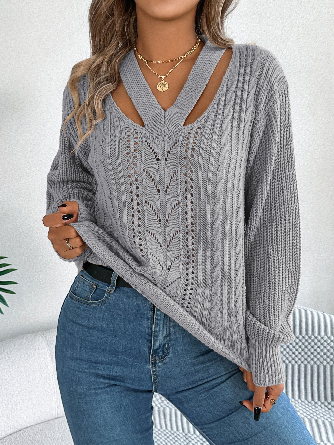 Women Yarn/Wool Yarn Plain Long Sleeve Comfy Casual Sweater