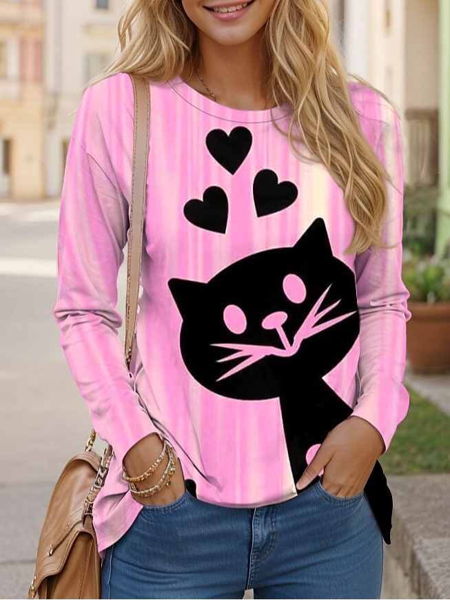 Casual Cat Crew Neck Long Sleeve T-shirt