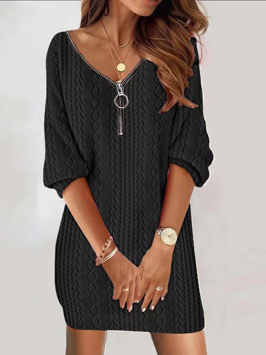 Women Plain Half Open Collar Long Sleeve Comfy Casual Jacquard Mini Dress