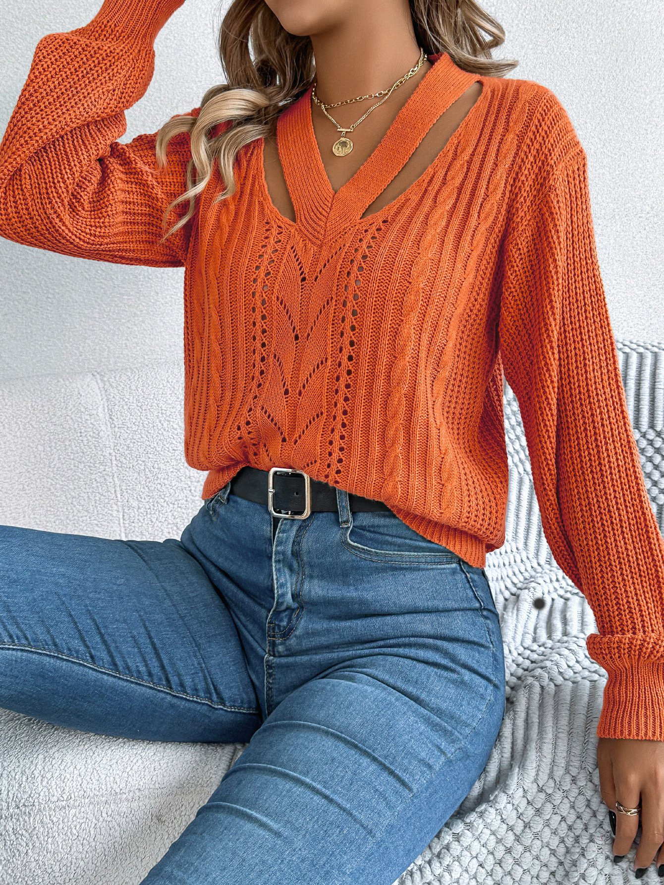 Women Yarn/Wool Yarn Plain Long Sleeve Comfy Casual Sweater